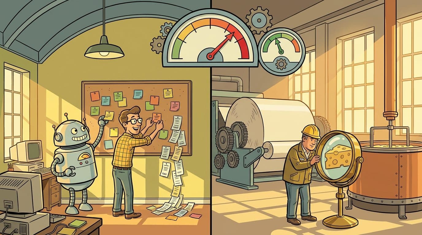 Retro cartoon split scene under one ceiling: on the left a developer and a cheerful robot pin a growing wall of tickets on a corkboard; on the right a Wisconsin plant floor with a paper roll and a copper cheese vat, where a foreman in a hard hat peers through a large brass magnifying lens. Above both halves a big gauge swings into the red while a smaller gauge beside it drops into the green, and sunlight through tall windows lights up corners that used to be dark