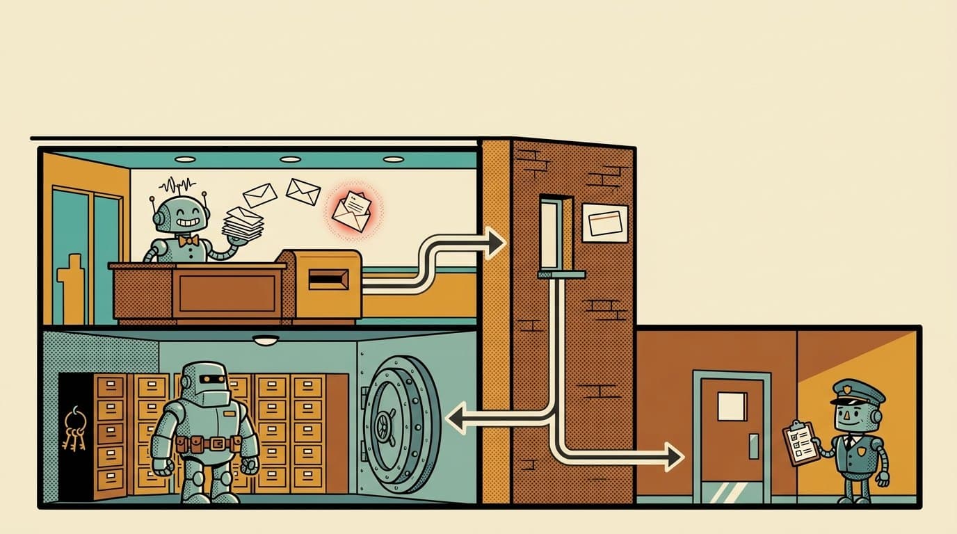 Retro cartoon cutaway of a small office building drawn like a network diagram: in the public lobby a cheerful robot clerk sorts incoming mail while one envelope glows red; a thick brick wall with a single narrow service window separates the lobby from a vault room where a sturdy robot guards filing cabinets and a ring of keys; and a uniformed robot doorman with a clipboard checklist watches the building's only exit door
