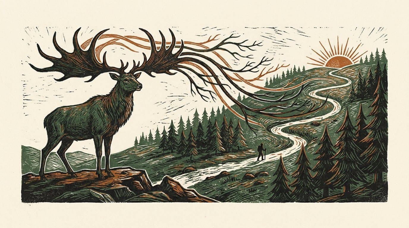 Linocut print in forest green, rust and black on off-white paper: a giant Irish elk stands in profile on a rocky ridge, and the tines of its enormous antlers stretch out and turn into branching trails that wind down a hillside through pine trees. On one trail a small hiker walks toward a rising sun on the horizon