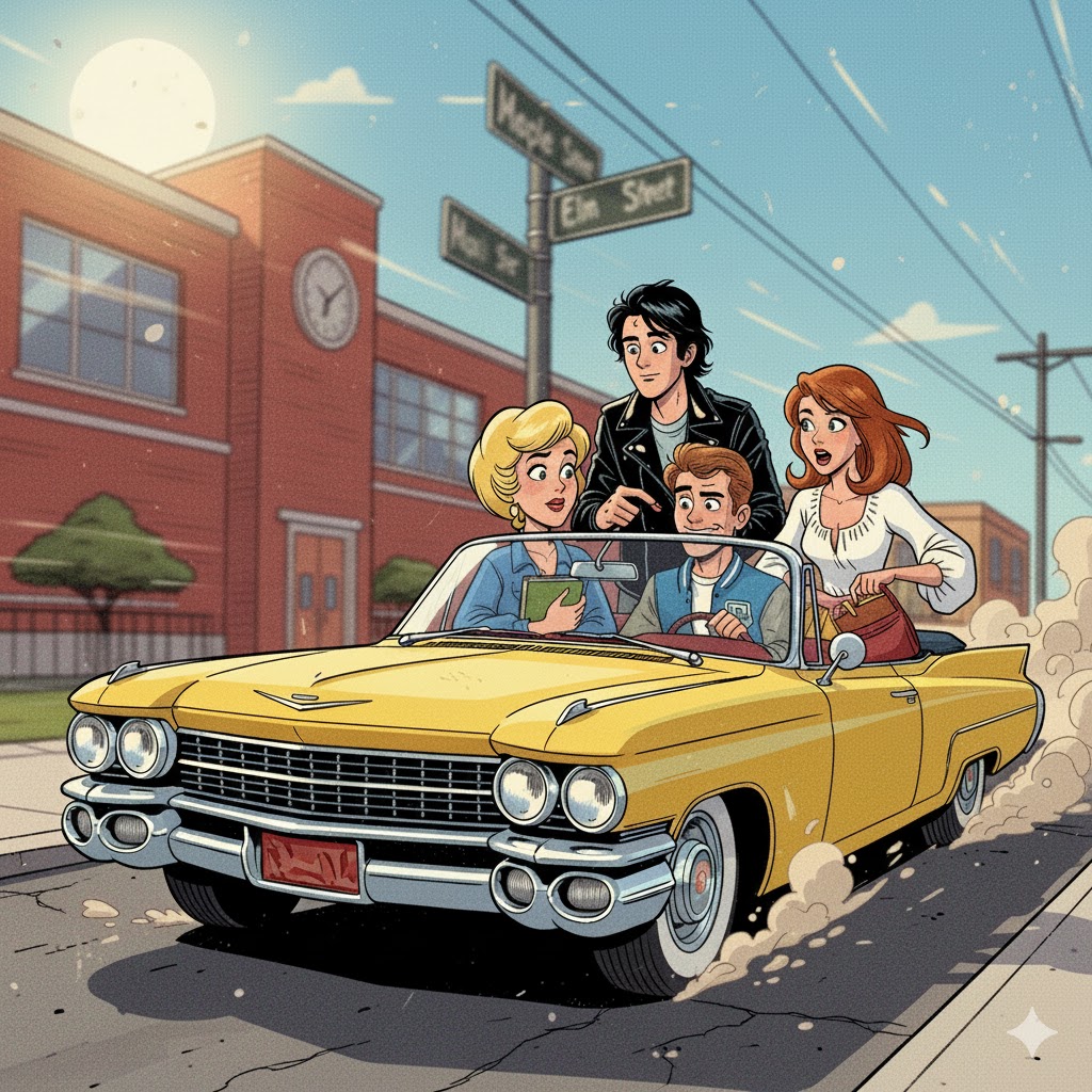 The Beach - Four teenagers in a yellow Cadillac